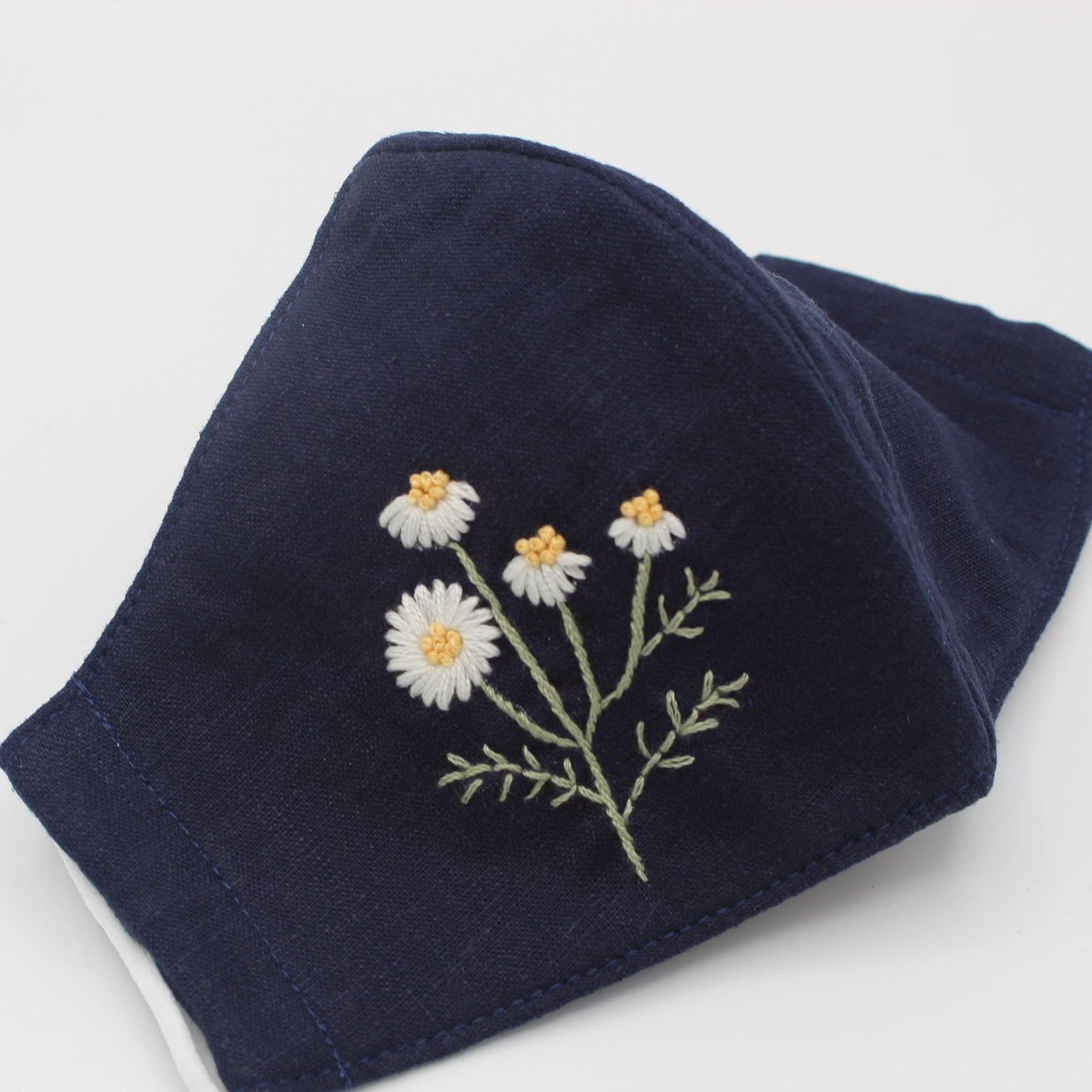 White Daisy Flower Hand Embroidered Linen Face Mask M59