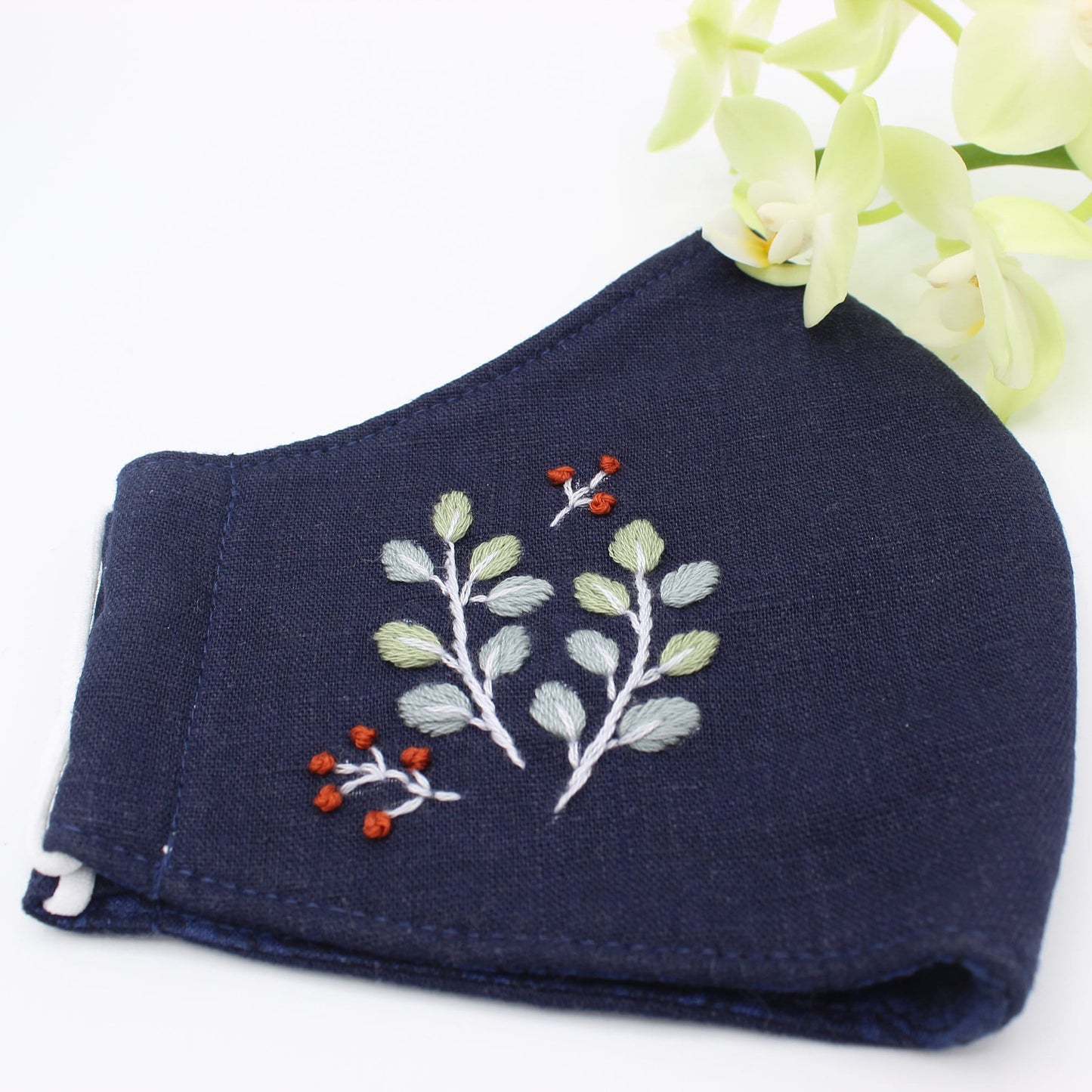 Leaves Hand Embroidered Linen Face Mask M57