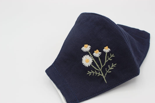 White Daisy Flower Hand Embroidered Linen Face Mask M59