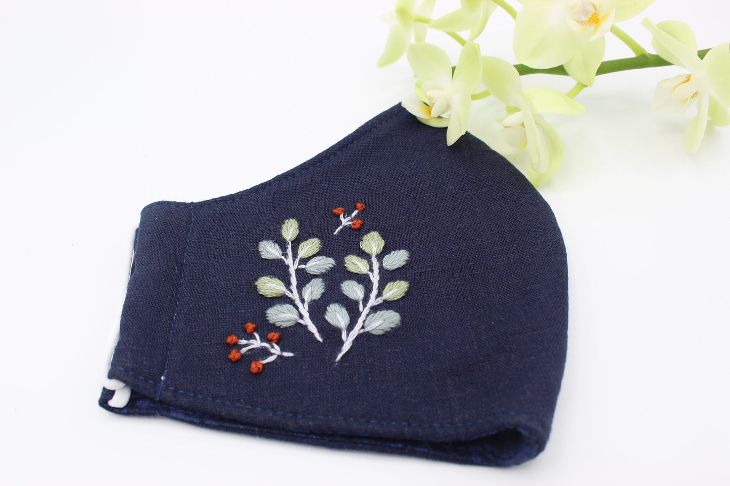 Leaves Hand Embroidered Linen Face Mask M57